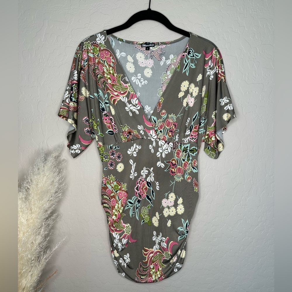 Sage Green Floral Wrap Ruched V Neck Short Sleeve Top, size L
